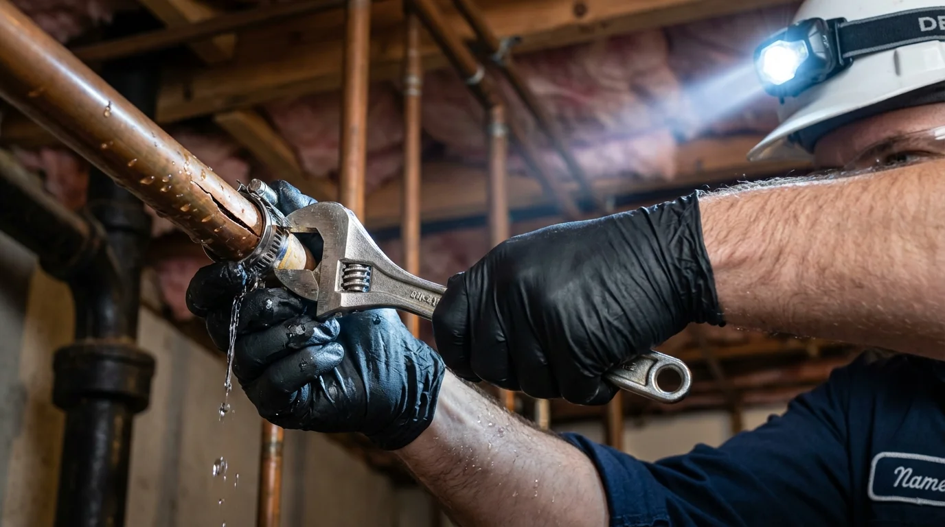 Emergency pipe clamp repair being performed by a Johns Plumbing LLC plumber in Powell