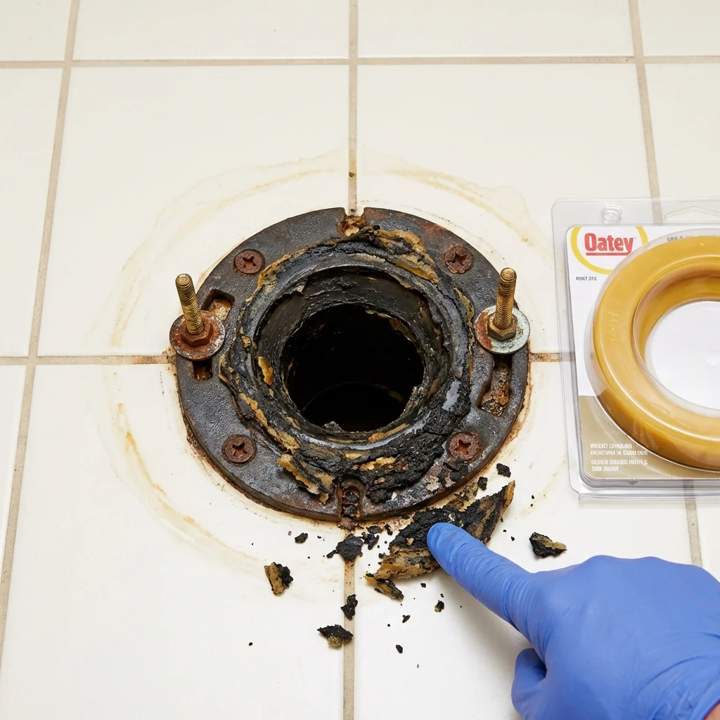 Failed wax ring showing water seepage at the base of a toilet in a Powell, OH home